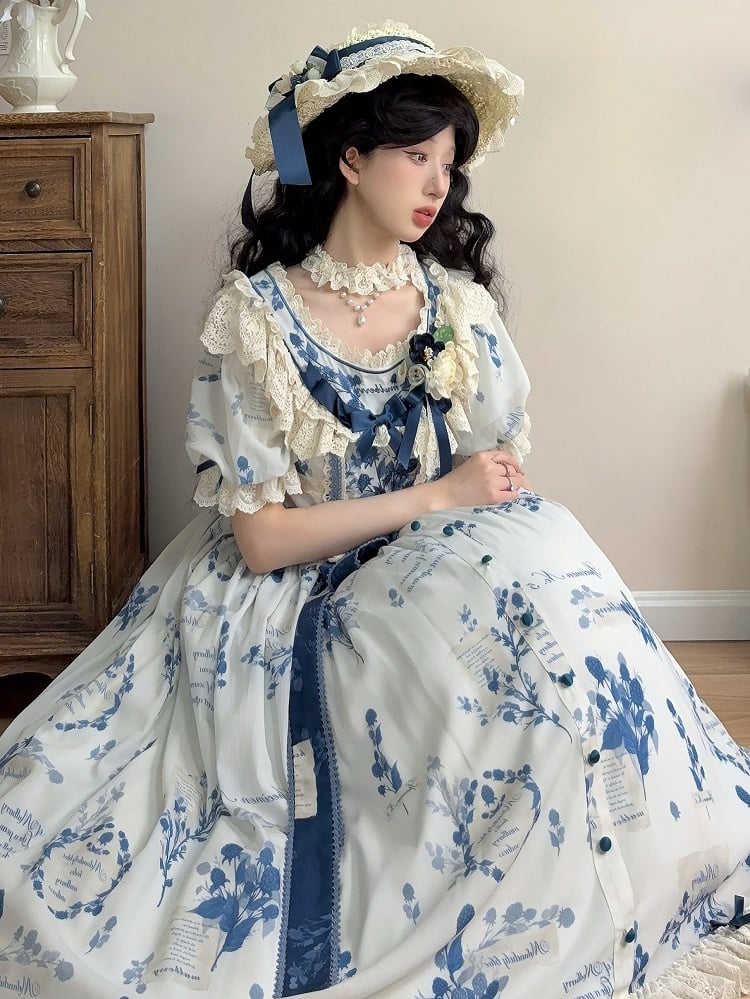 Self-tie Poetry‌ Classic Sash Lolita Sizes Plus Blue Print Elegant and with Available Mulberry Dress