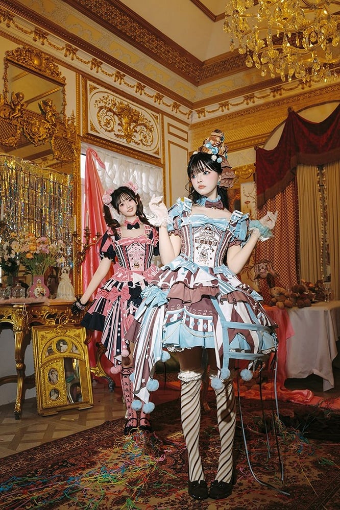 Brown Skirt Sleeves Detachable with Embroidery Dress Circus Lolita Jumper Bunny Blue Sweet Puff and
