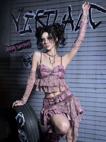 Peplum Y2K Cami Detachable with Sequin Butterfly Crop Punk Pink Rhinestone Pastel