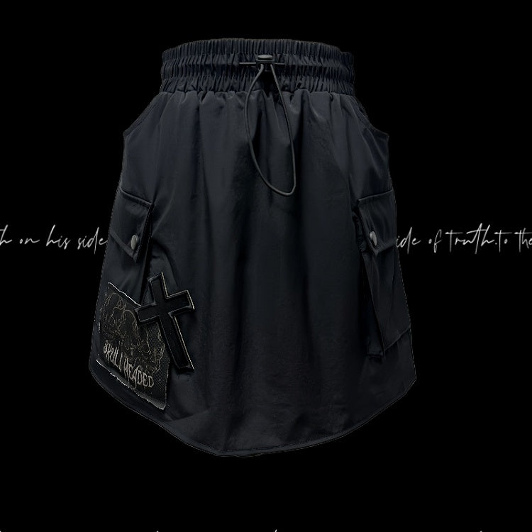 Cargo Pocket Skirt Cross and Skeleton Appliques Drawstring Black Waist