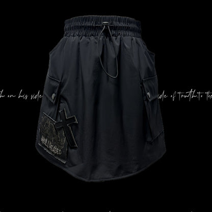 Cargo Pocket Skirt Cross and Skeleton Appliques Drawstring Black Waist