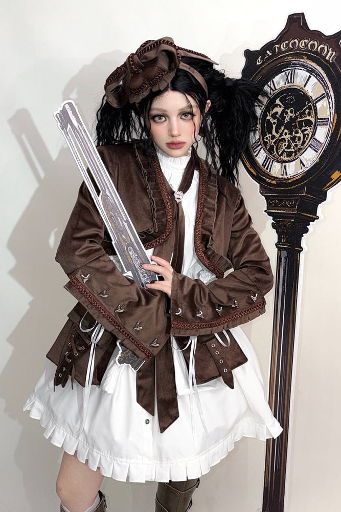 Steampunk Brown x Gothic Black Velvet Ruffle Heart Motif Cuff Cropped Jacket