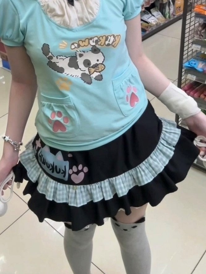 Pattern with Ruffle Kawaii Tiered Trim Skirt Black Cat Daily Plaid Paw