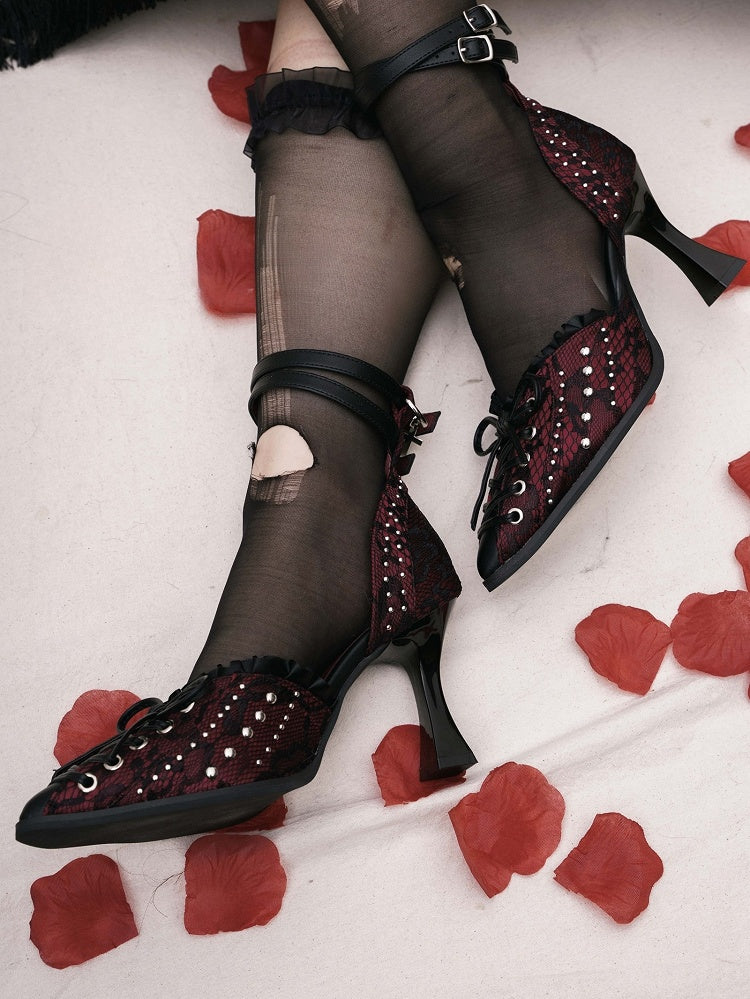 Studded Details Pointed - Cross Lacing Toe High Heels Accents with Gothic Red