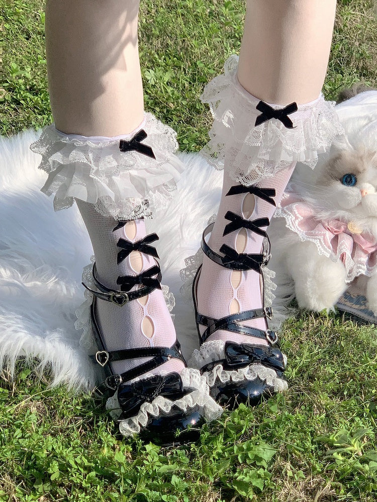 Ruffled Socks Cutout Bow Style Lolita Lace Calf Pink (Colors: