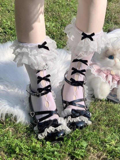 Ruffled Socks Cutout Bow Style Lolita Lace Calf Pink (Colors: