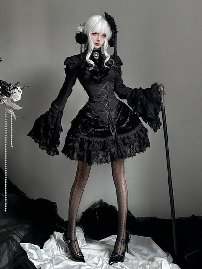 Long Sleeves Shirt Gothic High Boned Black Set All Lolita - Bell + Full Tie Mini Hat Jabot Skirt Waist