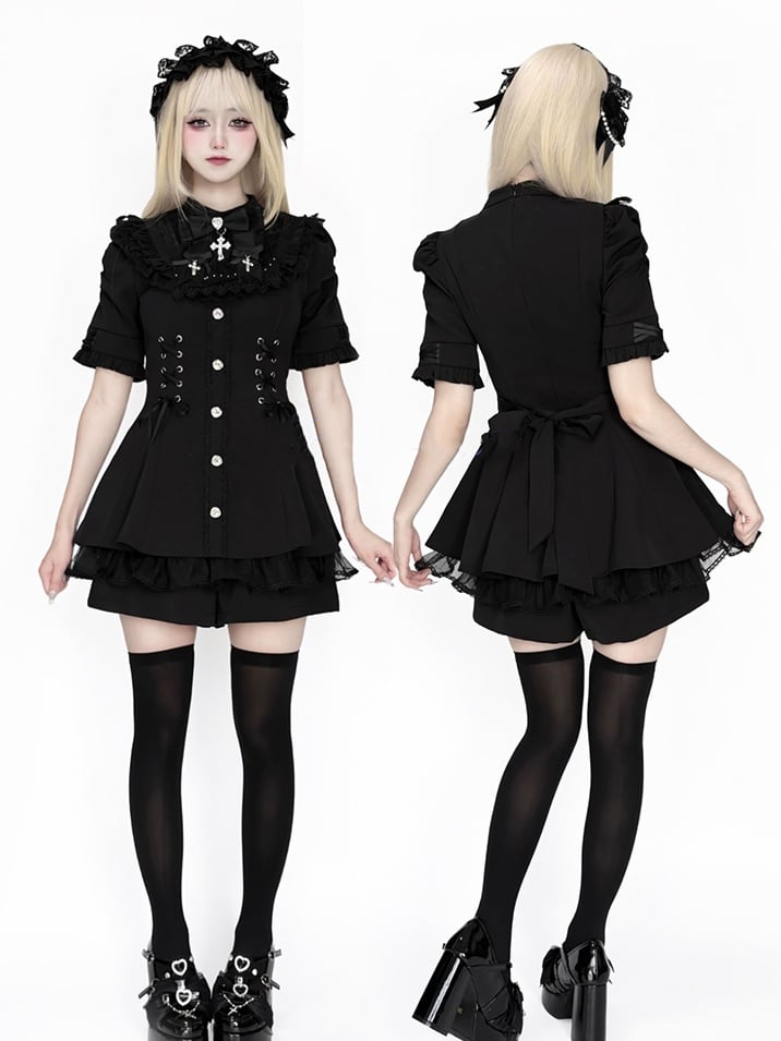 Kei Jirai – Komplett schwarzes Kleid mit Schleife am Ärmel, kurzes Lätzchen und abnehmbarem Set