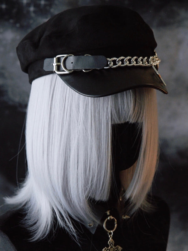 With Heart Design Charm Chain Hat Gothic Black Star Buckle Beret