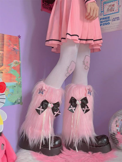 ピンク/ブラック Y2K スター＆キティ リボン結び シャギー レッグウォーマー