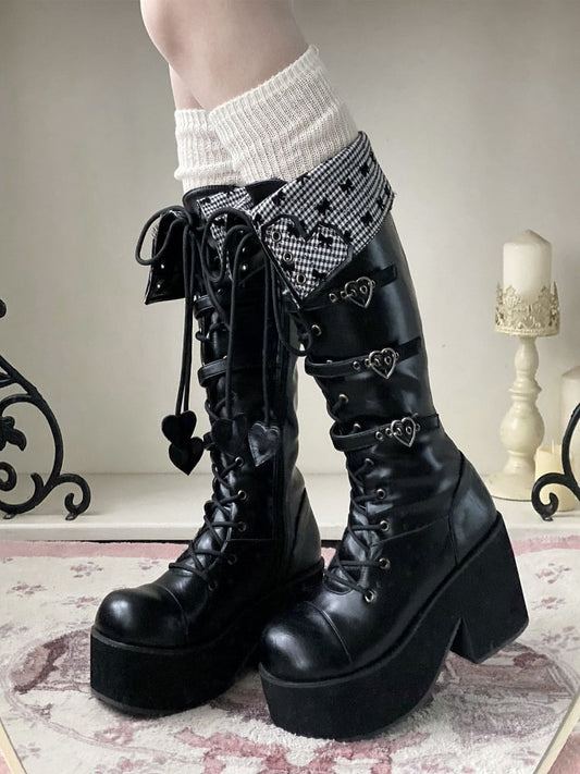 Heel Fold-over Cuff Block Black Platform Boots