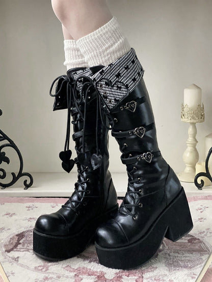Fold-over Black Cuff Boots Platform Heel Block