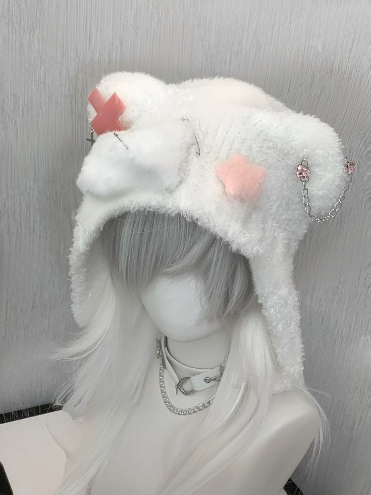 Blue Cross and Pin AccentsBear Ear Plush Hat with Bone and Star