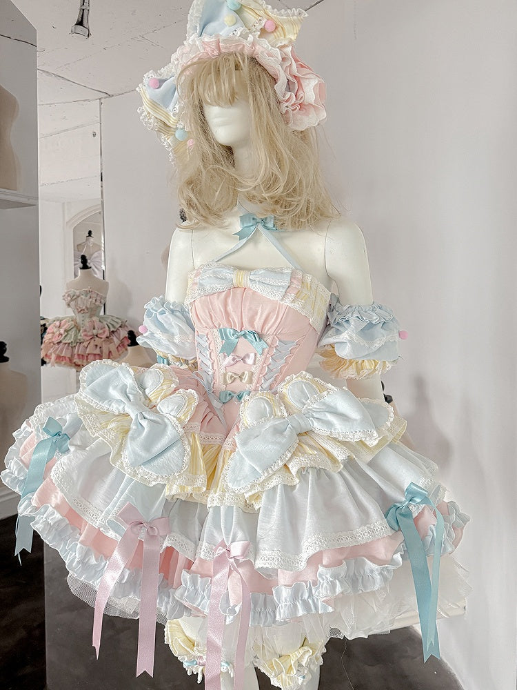 Pink and Blue Sweet Princess Puffy Tiered Ruffle Skirt Boning Dress
