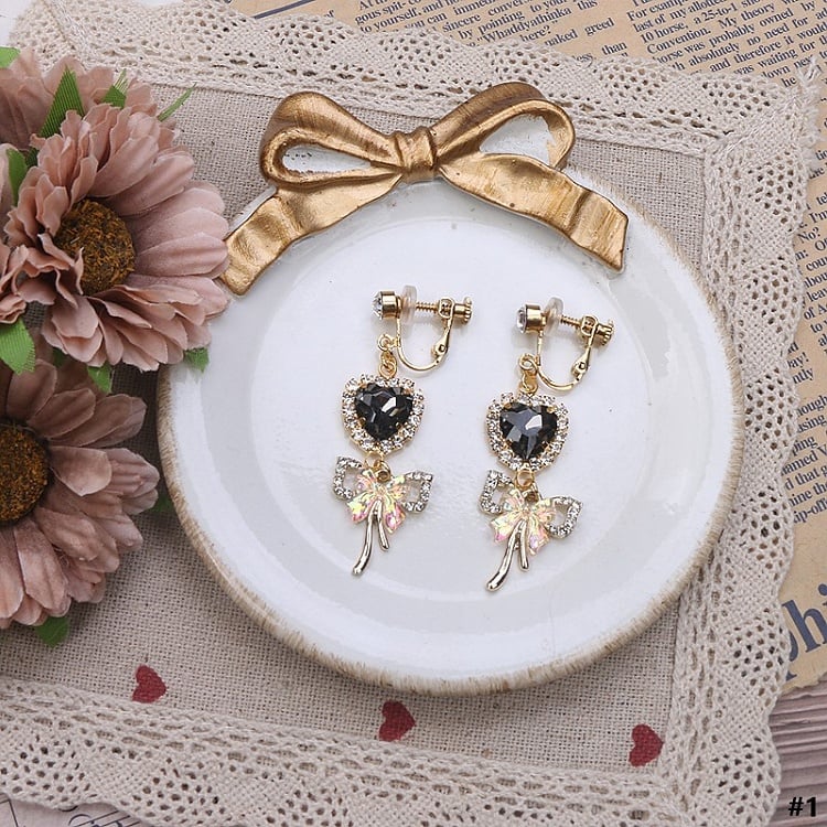 Jirai Heart Butterfly Rhinestone Options 3 Color Kei Earrings