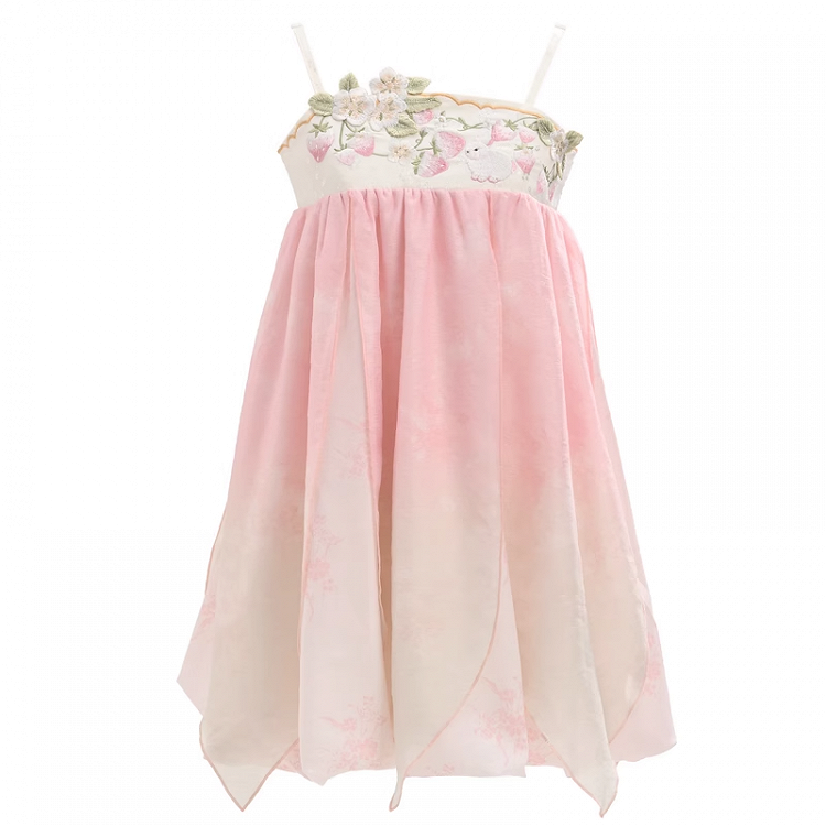 Ombre Style Spaghettiträgerkleid Empire Rosa Taille Erdbeerstickerei Cheongsam