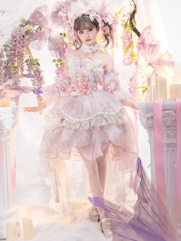 Rosa Prinzessin Fee Blumenmuster Set voller Schmetterling und JSK Kleid Lolita Blume