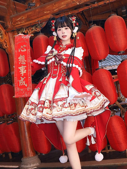 with Gold and Red Details Sleeves Dress Embroidery Tassel Chinoiserie Lolita Bell Beige