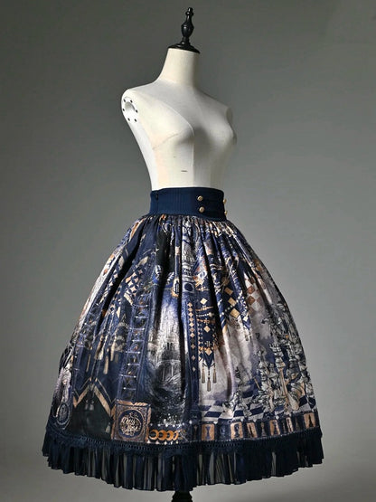 Dark Blue Corset Belt Waist Chess Print Lolita Skirt