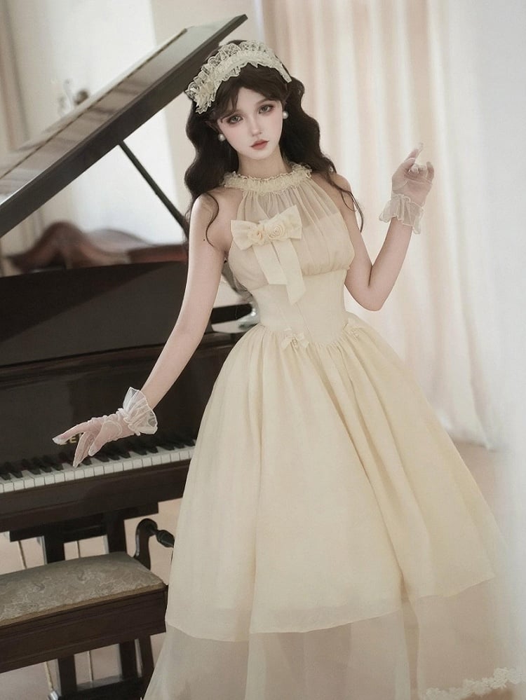 Waist Hairband Flower Halter Illusion Basque Dress Detachable Beige Bow Elegant Neck + Boned