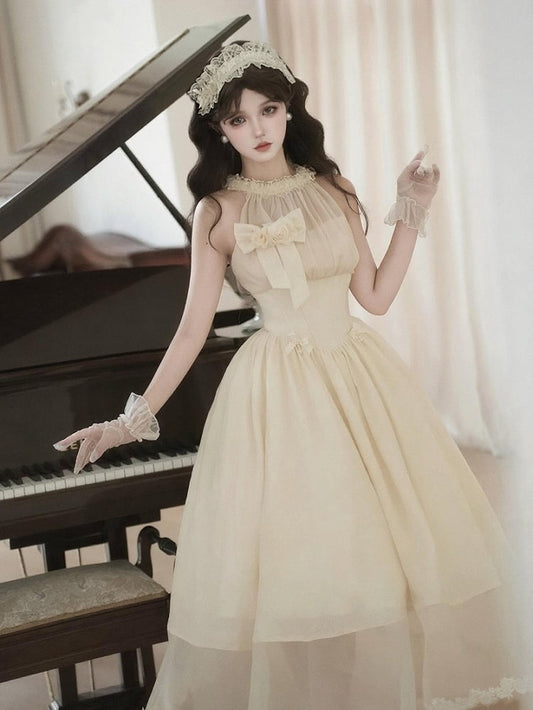 Waist Hairband Flower Halter Illusion Basque Dress Detachable Beige Bow Elegant Neck + Boned