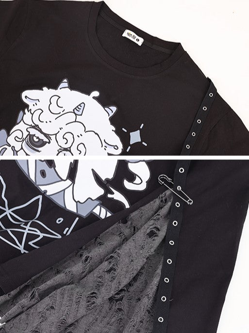 Cartoon and Scarf with Detachable Eyelet Sheep Professor Strap T-Shirt Black Details