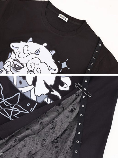 Cartoon and Scarf with Detachable Eyelet Sheep Professor Strap T-Shirt Black Details