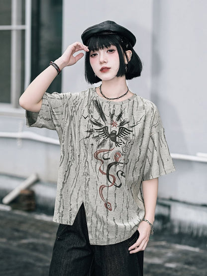 Gray Asymmetrical Short Sleeve T-Shirt with Print & Distress - Quirky Hut