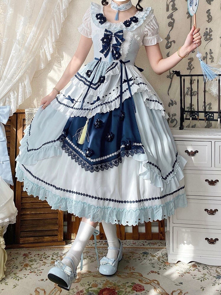 and Floral JSK Dark Lolita Sleeves Dress Embellished Flutter Blue Bow