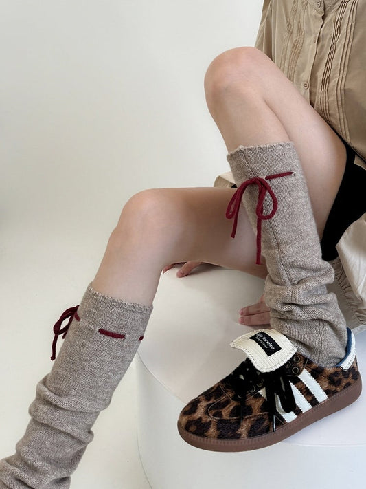 カーキ Y2K ボウノット レッグウォーマー