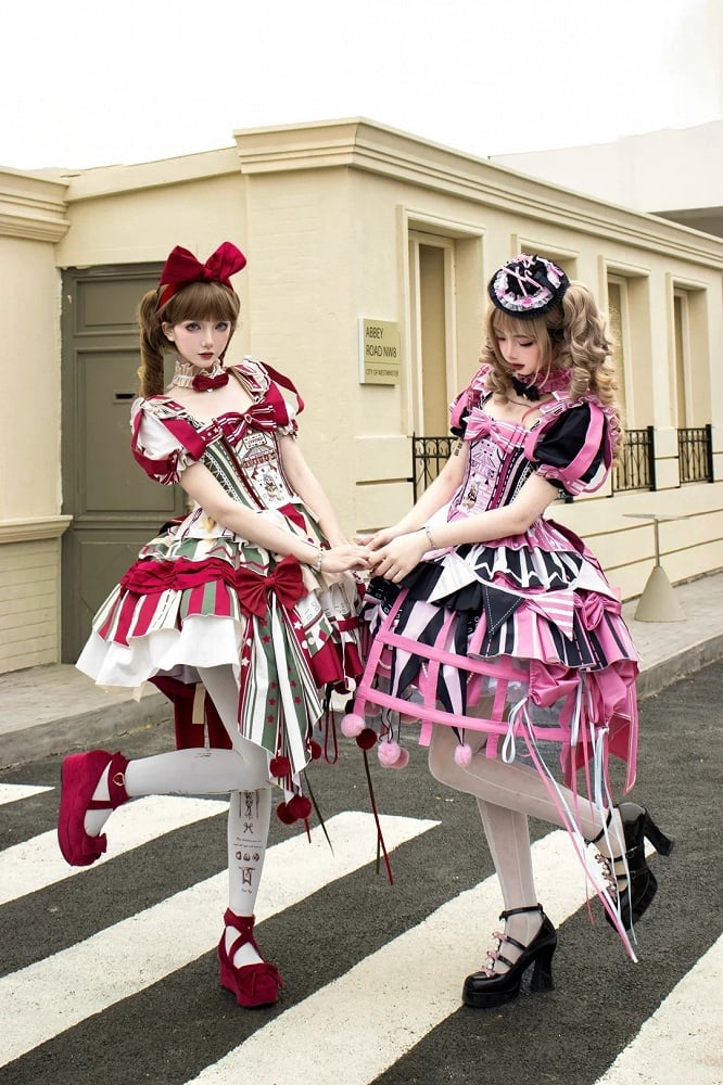Lolita with Circus Puff Red Embroidery Bunny and Jumper Detachable Sleeves Skirt Dress Green Sweet