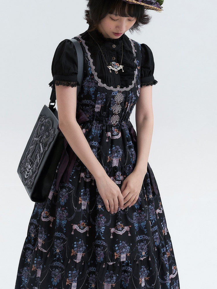 Black-Purple Pansy Print Classic Lolita JSK with Lace Trim