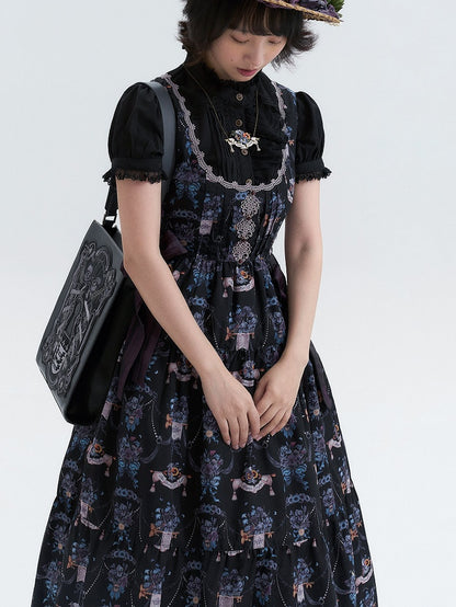 Black-Purple Pansy Print Classic Lolita JSK with Lace Trim