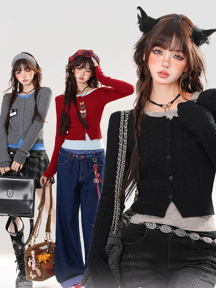 Rot/Schwarz/Grau Fake Zweiteiler Slim Fit Stricktop