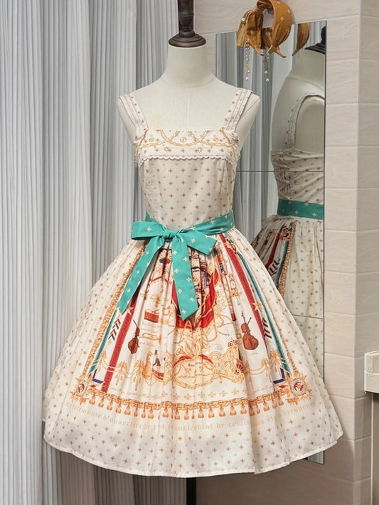 White Musical Print Elegant Lolita Jumper Skirt - Crucis Universal Tailor Company