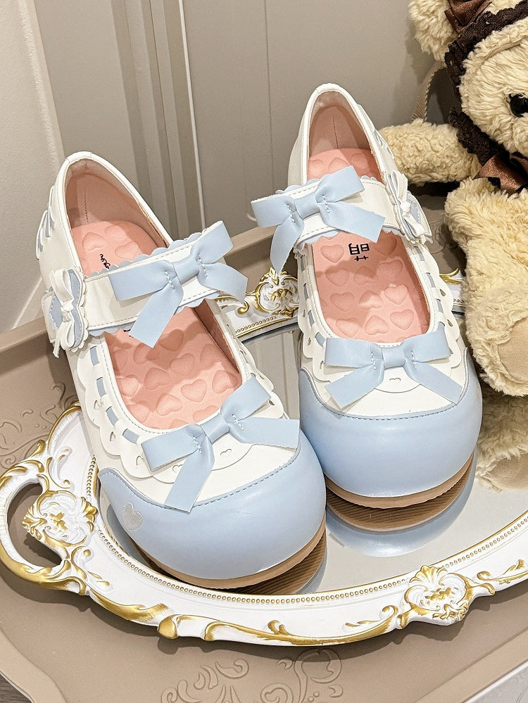 Lolita Scalloped with - Shoes Embellishments Heart Delicate Cut-Outs Detail Blue Bow Sweet