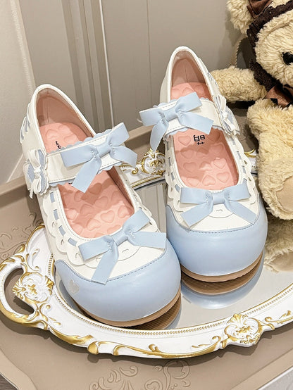 Lolita Scalloped with - Shoes Embellishments Heart Delicate Cut-Outs Detail Blue Bow Sweet