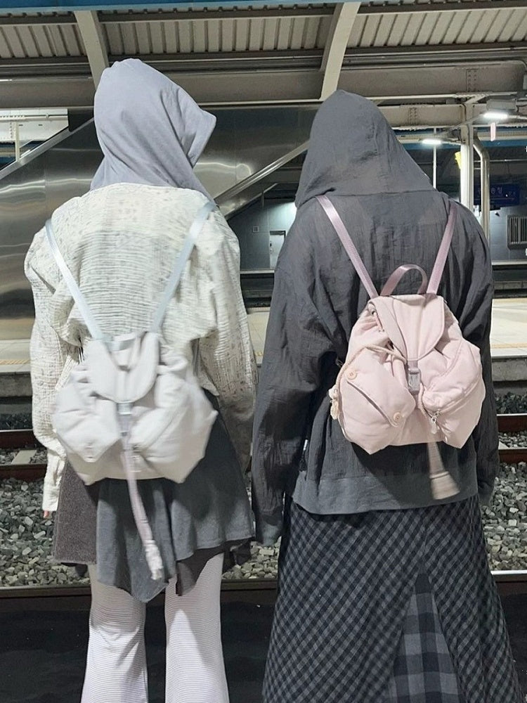 Chic Grey Drawstring Backpack With Flap Closure