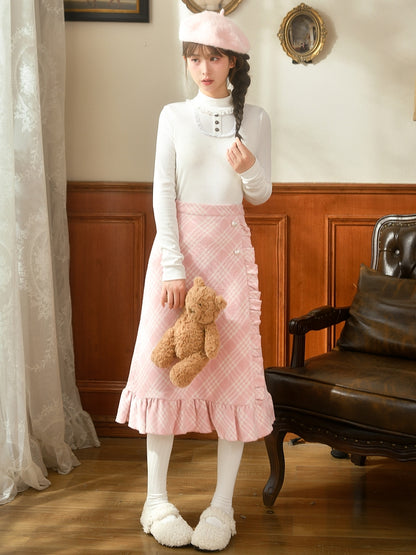 Weißes, hochgeschlossenes, langärmliges Top mit Spitzenbesatz