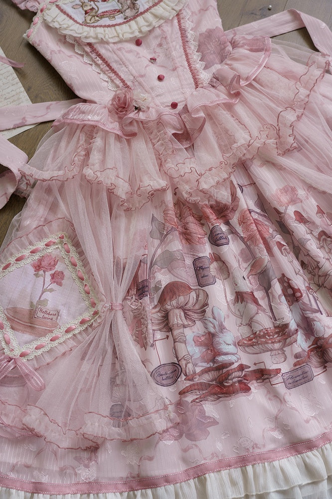 ピンクのバニーバスクウエストマッシュルームスカートプリンセスとジャンパーロリータプリント