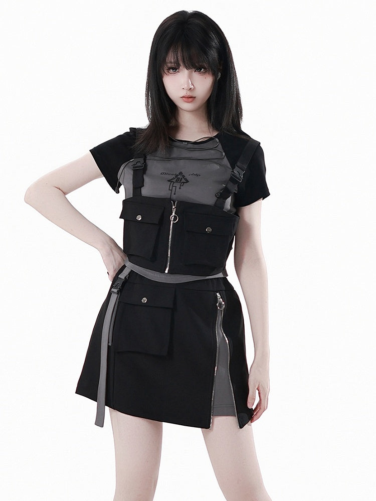 Gray Colorblock Design and Black Techwear T-shirt Lace-up Front