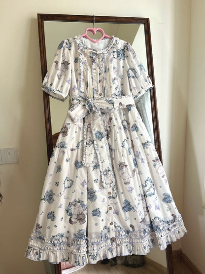 Short and Lolita House Pink Print Floral Kitty Sleeves Fashion