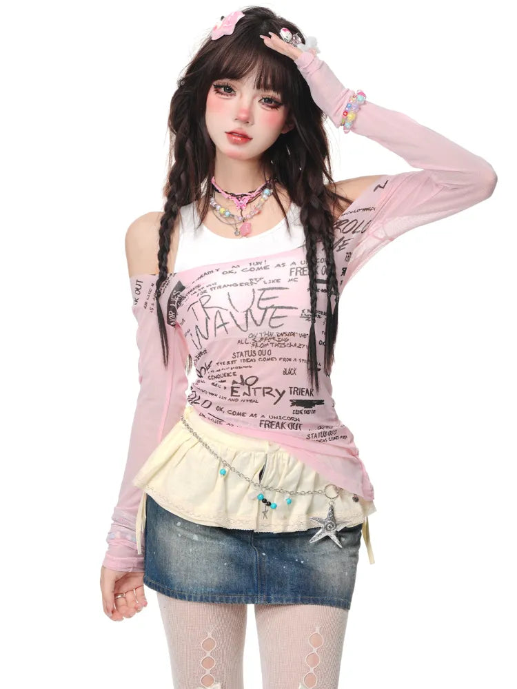 ブラック/ピンクのトップグラフィティフェイクツーピースホルターネック