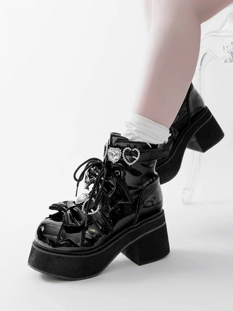 Platform Ankle Boots Buckles Jirai Kei Polished and Black Rhinestons Sweetheart with