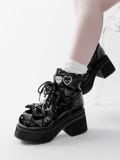 Platform Ankle Boots Buckles Jirai Kei Polished and Black Rhinestons Sweetheart with