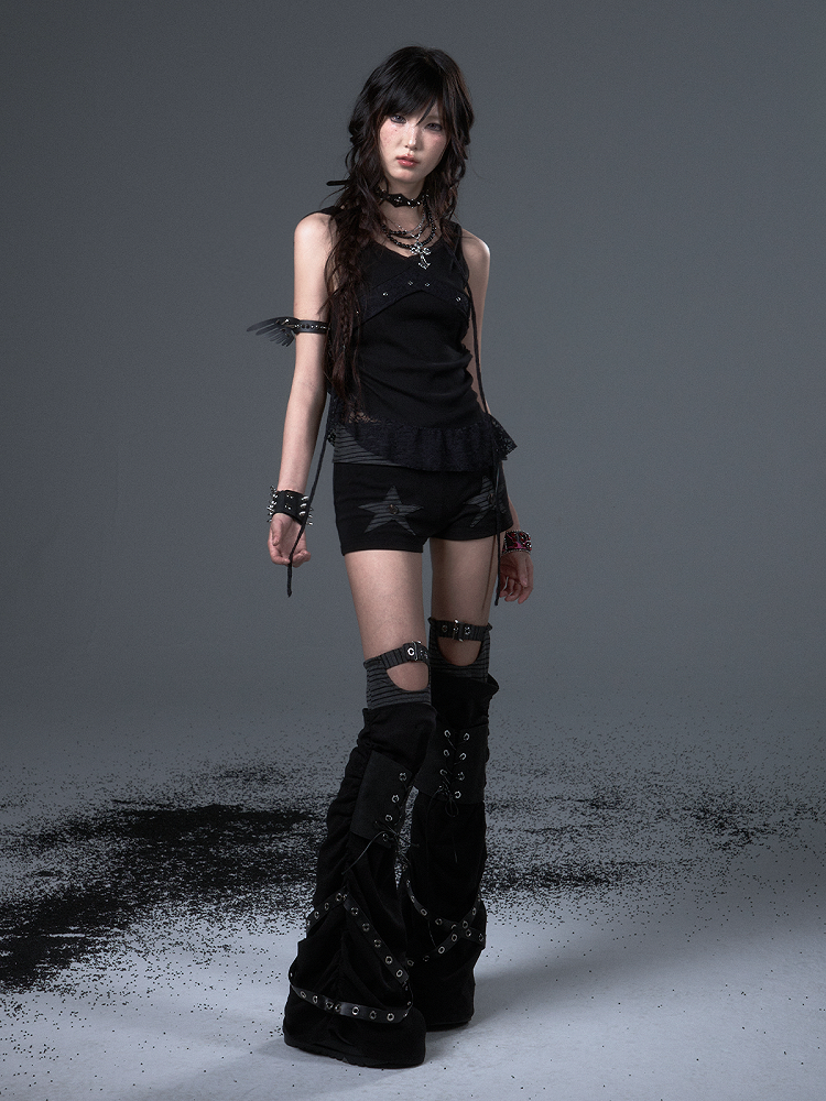 Schwarze Beinwärmer mit Schnürung, Punk, mit Metallstrick