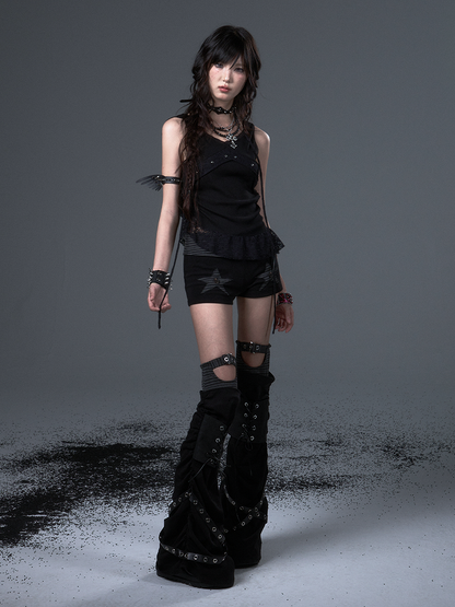 Schwarze Beinwärmer mit Schnürung, Punk, mit Metallstrick