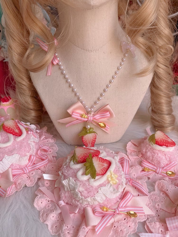 Pink Strawberry Bow Bead Sweet Pendant Necklace Lolita with