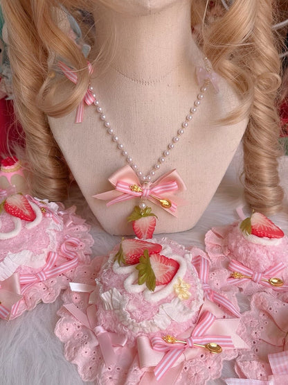 Pink Strawberry Bow Bead Sweet Pendant Necklace Lolita with