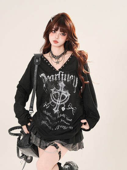 V-neck Cross Print Sun Protection Coverup Black/White